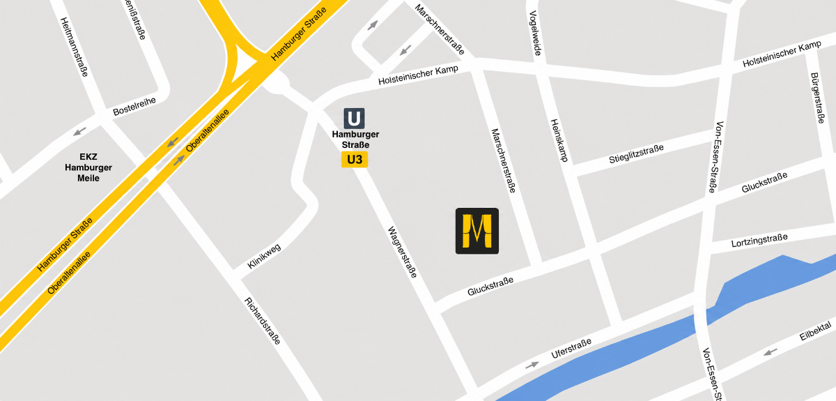 Anfahrtskarte mit Lage des Theaters an der Marschnerstraße, drei Minuten von U3 Hamburger Straße