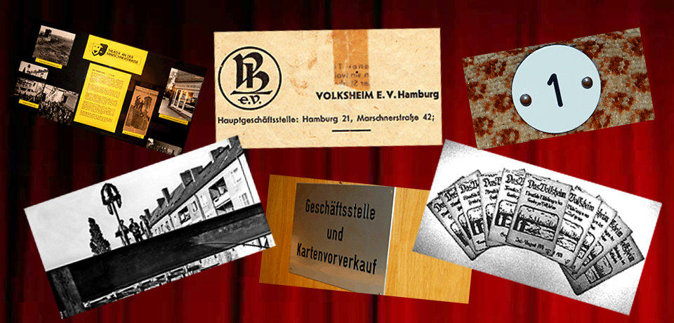 Historische Collage: Volksheim e.V. Hamburg, Marschnerstraße 42 — alte Aufnahmen, Programme und das Hausschild
